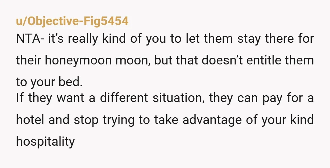 u/Similar_Cranberry_23
It’s really bad form as your guests to ask for your bedroom so they can have sex on your bed. Nta