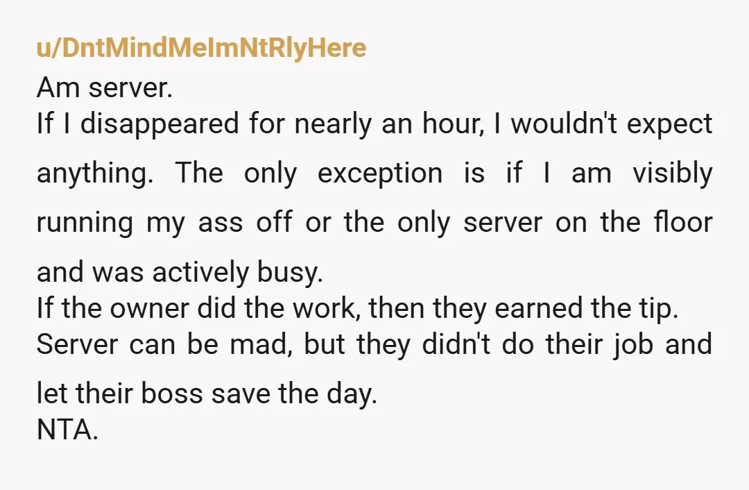 u/RJack151
NTA. The server did not earn a tip, the owner did.