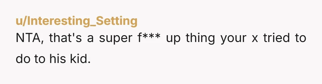 u/Interesting_Setting NTA, that's a super f*** up thing your x tried to do to his kid.