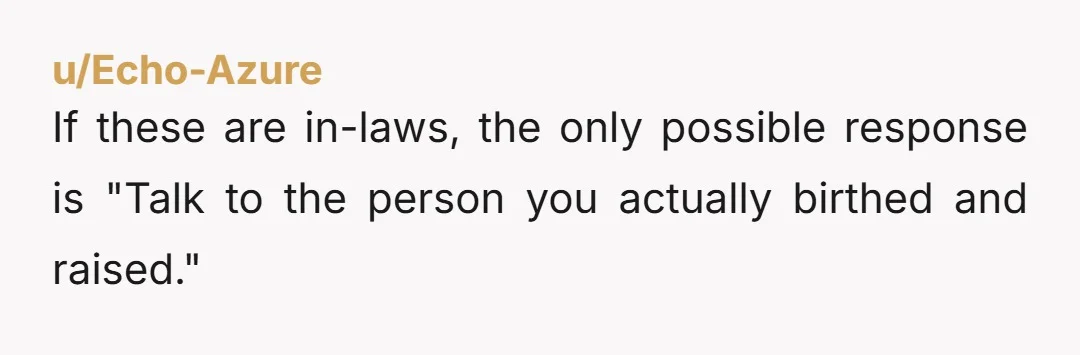 u/Echo-Azure
If these are in-laws, the only possible response is "Talk to the person you actually birthed and raised."