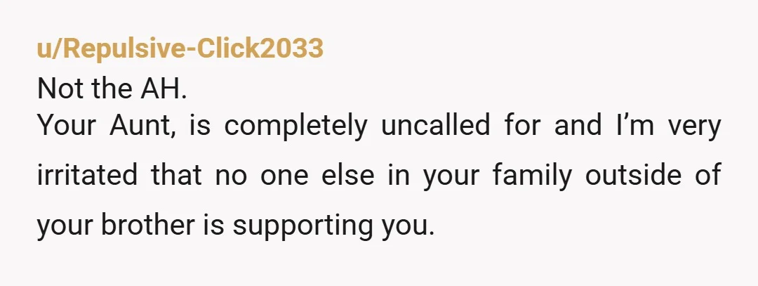 u/Repulsive-Click2033
Not the AH.
Your Aunt, is completely uncalled for and I’m very irritated that no one else in your family outside of your brother is supporting you.