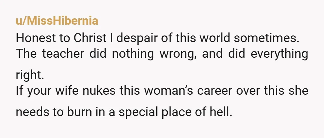 u/MissHibernia Honest to Christ I despair of this world sometimes. The teacher did nothing wrong, and did everything right. If your wife nukes this woman’s career over this she needs...