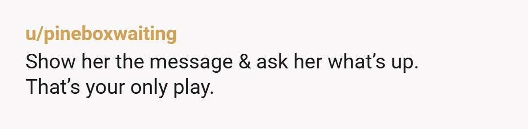 u/pineboxwaiting
Show her the message & ask her what’s up.
That’s your only play.