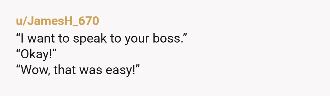 u/JamesH_670
“I want to speak to your boss.”
“Okay!”
“Wow, that was easy!”