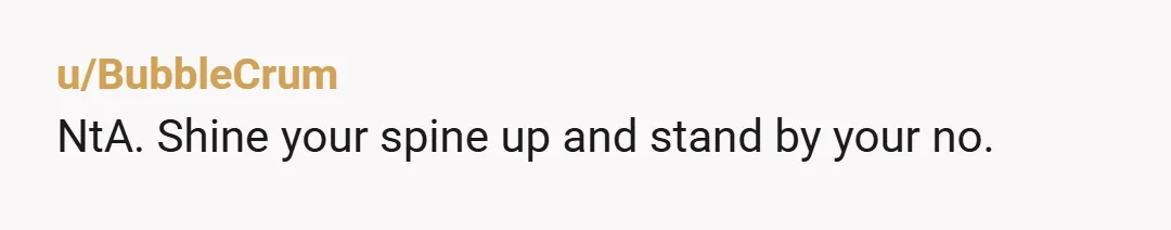 u/BubbleCrum
NtA. Shine your spine up and stand by your no.