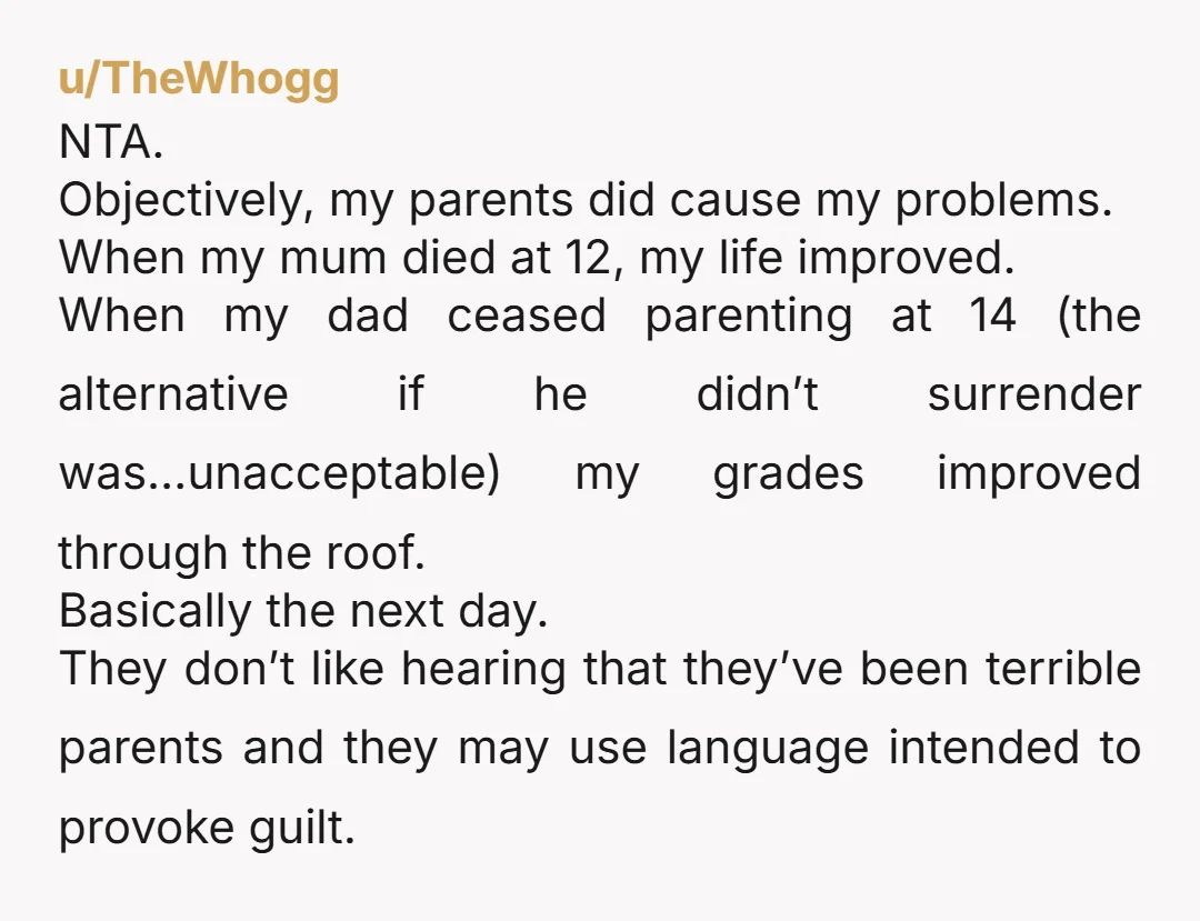 u/TheWhogg NTA. Objectively, my parents did cause my problems. When my mum died at 12, my life improved. When my dad ceased parenting at 14 (the alternative if he didn’t...