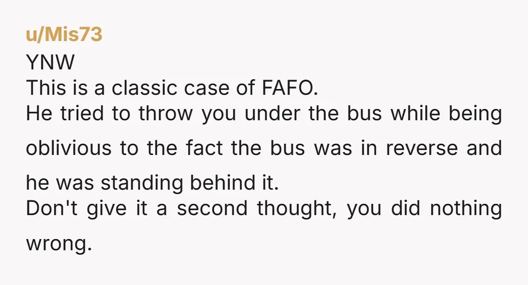 u/Mis73 YNW This is a classic case of FAFO. He tried to throw you under the bus while being oblivious to the fact the bus was in reverse and he...