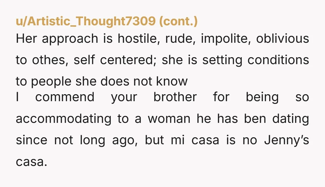 u/Born_Significance691 If Jenny's children aren't allowed to be around people who drink alcohol, she can easily solve the problem by not coming to your house for Christmas. Your brother and...
