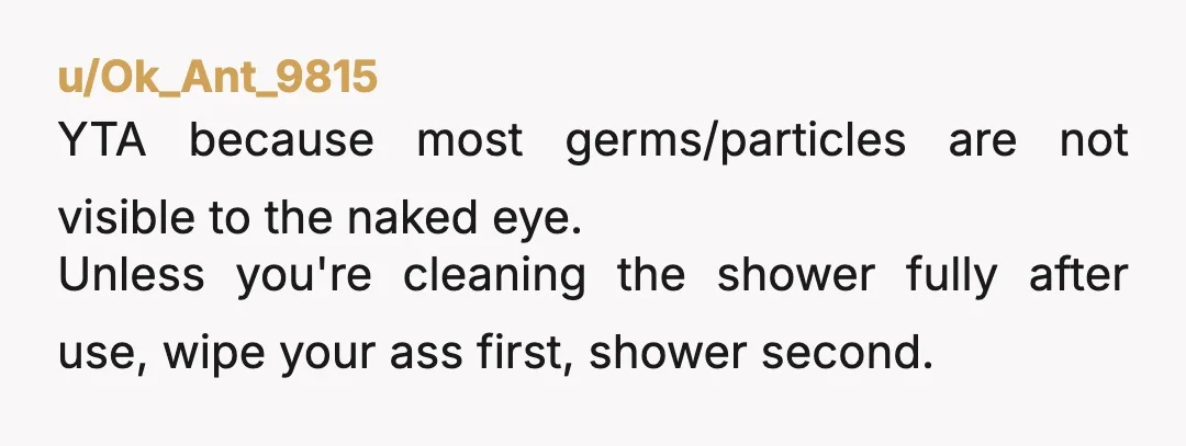 u/Ok_Ant_9815
YTA because most germs/particles are not visible to the naked eye.
Unless you're cleaning the shower fully after use, wipe your ass first, shower second.