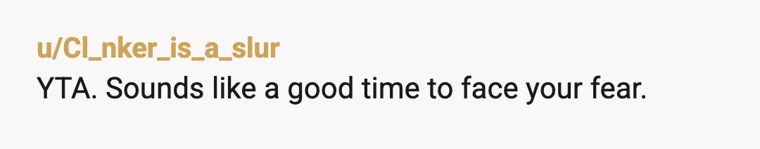 u/Cl_nker_is_a_slur
YTA. Sounds like a good time to face your fear.