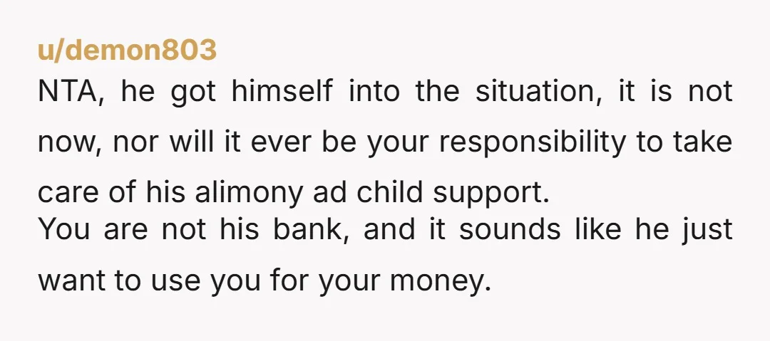 u/demon803 NTA, he got himself into the situation, it is not now, nor will it ever be your responsibility to take care of his alimony ad child support. You are...