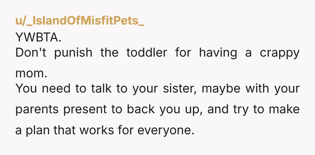 u/_IslandOfMisfitPets_ YWBTA. Don't punish the toddler for having a crappy mom. You need to talk to your sister, maybe with your parents present to back you up, and try to...