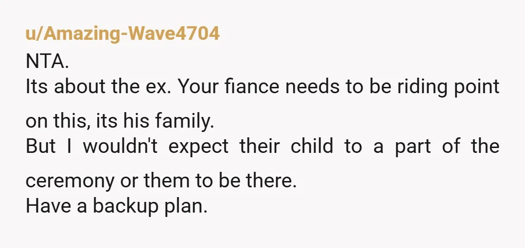 u/Amazing-Wave4704 NTA. Its about the ex. Your fiance needs to be riding point on this, its his family. But I wouldn't expect their child to a part of the ceremony...