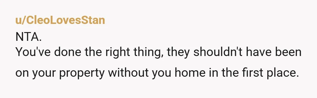 u/CleoLovesStan
NTA.
You've done the right thing, they shouldn't have been on your property without you home in the first place.