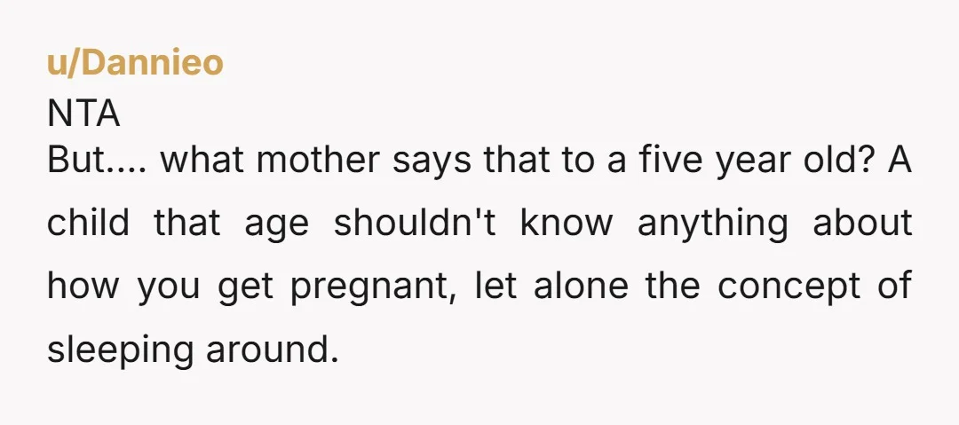 u/Dannieo NTA But.... what mother says that to a five year old? A child that age shouldn't know anything about how you get pregnant, let alone the concept of sleeping...