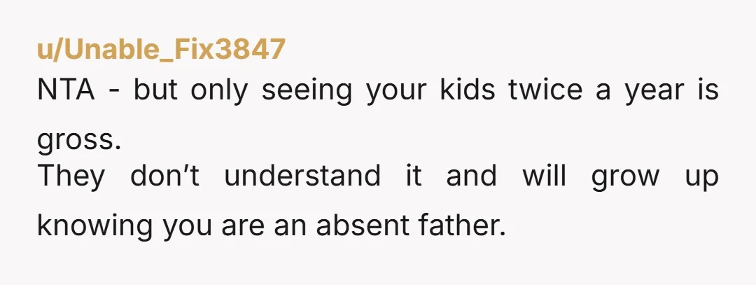 u/Unable_Fix3847
NTA - but only seeing your kids twice a year is gross.
They don’t understand it and will grow up knowing you are an absent father.
