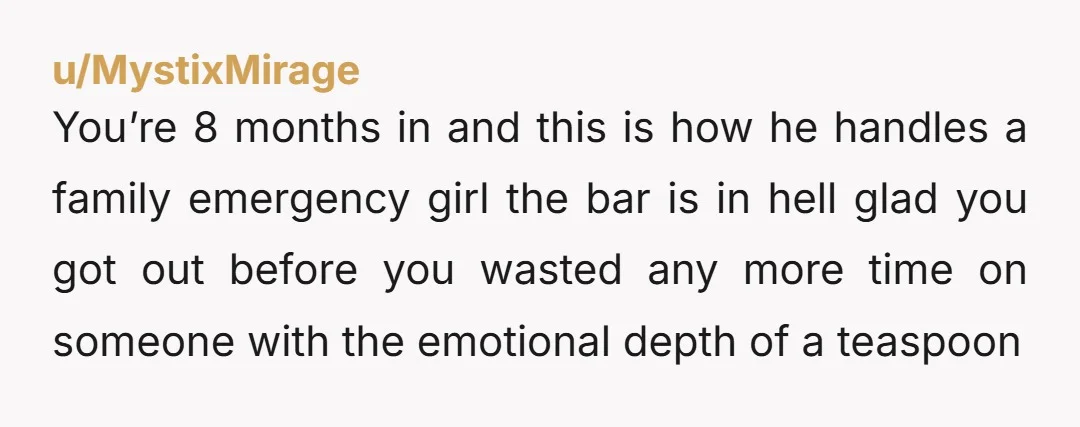 u/MystixMirage You’re 8 months in and this is how he handles a family emergency girl the bar is in hell glad you got out before you wasted any more time...