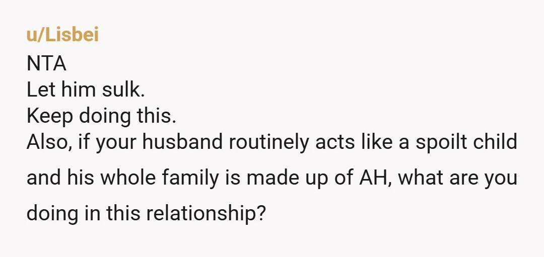 u/Lisbei NTA Let him sulk. Keep doing this. Also, if your husband routinely acts like a spoilt child and his whole family is made up of AH, what are you...