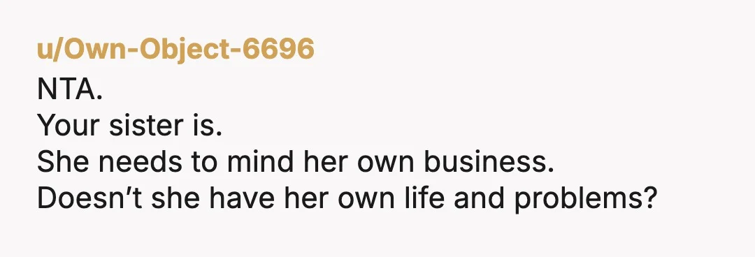u/Own-Object-6696
NTA.
Your sister is.
She needs to mind her own business.
Doesn’t she have her own life and problems?