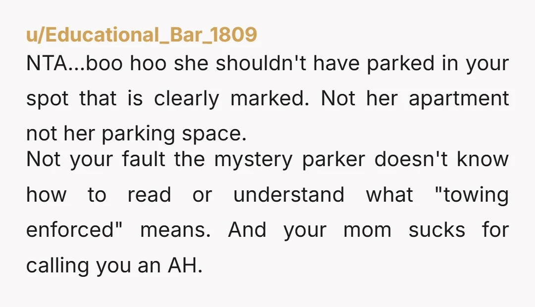 u/Educational_Bar_1809 NTA...boo hoo she shouldn't have parked in your spot that is clearly marked. Not her apartment not her parking space. Not your fault the mystery parker doesn't know how...