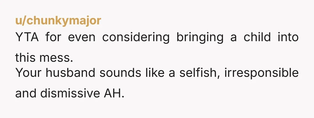 u/chunkymajor
YTA for even considering bringing a child into this mess.Â
Your husband sounds like a selfish, irresponsible and dismissive AH.Â