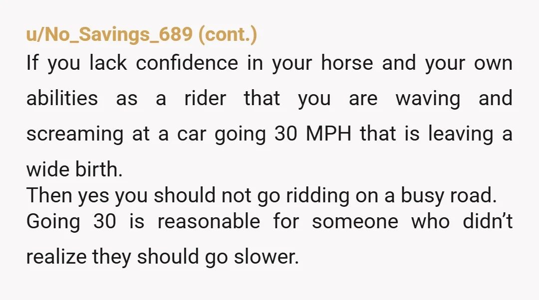 u/SeniorEngineer2392 For future reference: slowly creep by a horse, like less than 10 mph. You don't want to injure the rider, or damage your own car. Sorry she was such...