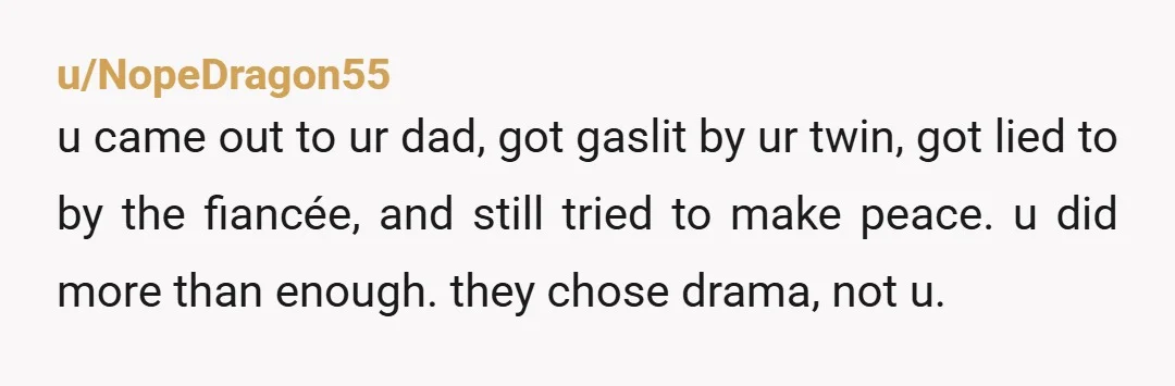 u/NopeDragon55 u came out to ur dad, got gaslit by ur twin, got lied to by the fiancée, and still tried to make peace. u did more than enough. they...