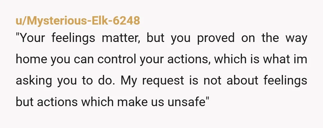 u/Mysterious-Elk-6248 "Your feelings matter, but you proved on the way home you can control your actions, which is what im asking you to do. My request is not about feelings...