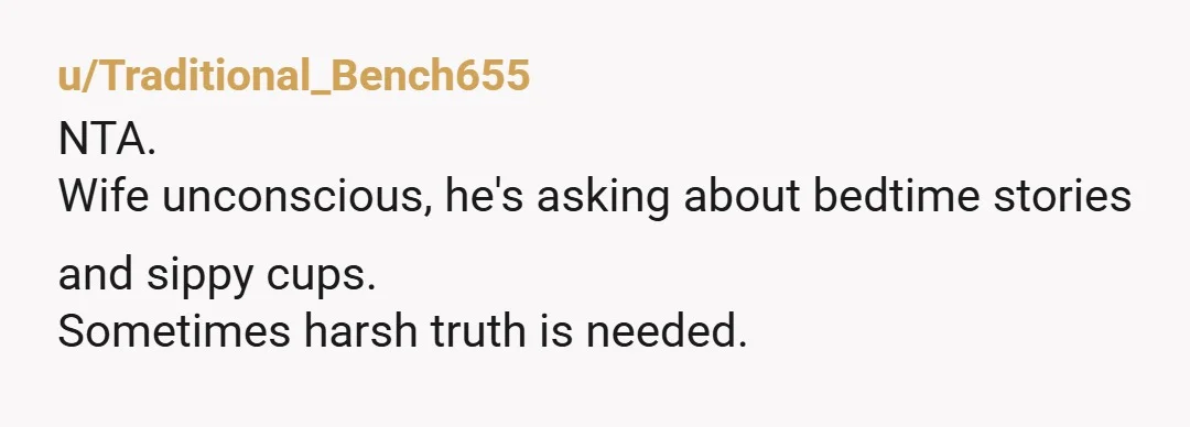 u/Traditional_Bench655
NTA.
Wife unconscious, he's asking about bedtime stories and sippy cups.
Sometimes harsh truth is needed.