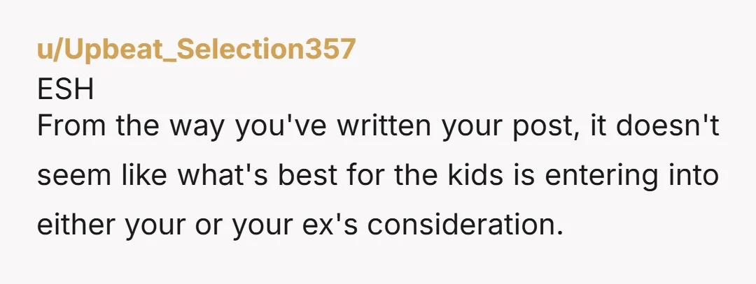 u/Upbeat_Selection357 ESH From the way you've written your post, it doesn't seem like what's best for the kids is entering into either your or your ex's consideration. I would presume...