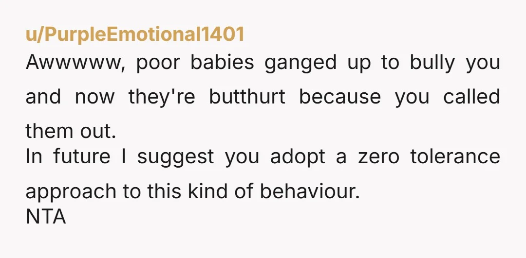 u/PurpleEmotional1401 Awwwww, poor babies ganged up to bully you and now they're butthurt because you called them out. In future I suggest you adopt a zero tolerance approach to this...