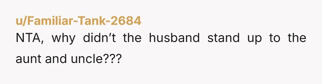 u/Familiar-Tank-2684
NTA, why didn’t the husband stand up to the aunt and uncle???