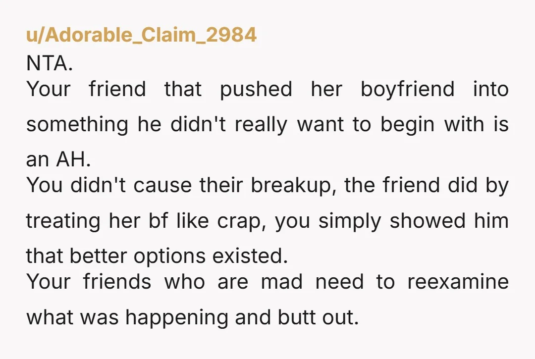 u/Adorable_Claim_2984 NTA. Your friend that pushed her boyfriend into something he didn't really want to begin with is an AH. You didn't cause their breakup, the friend did by treating...