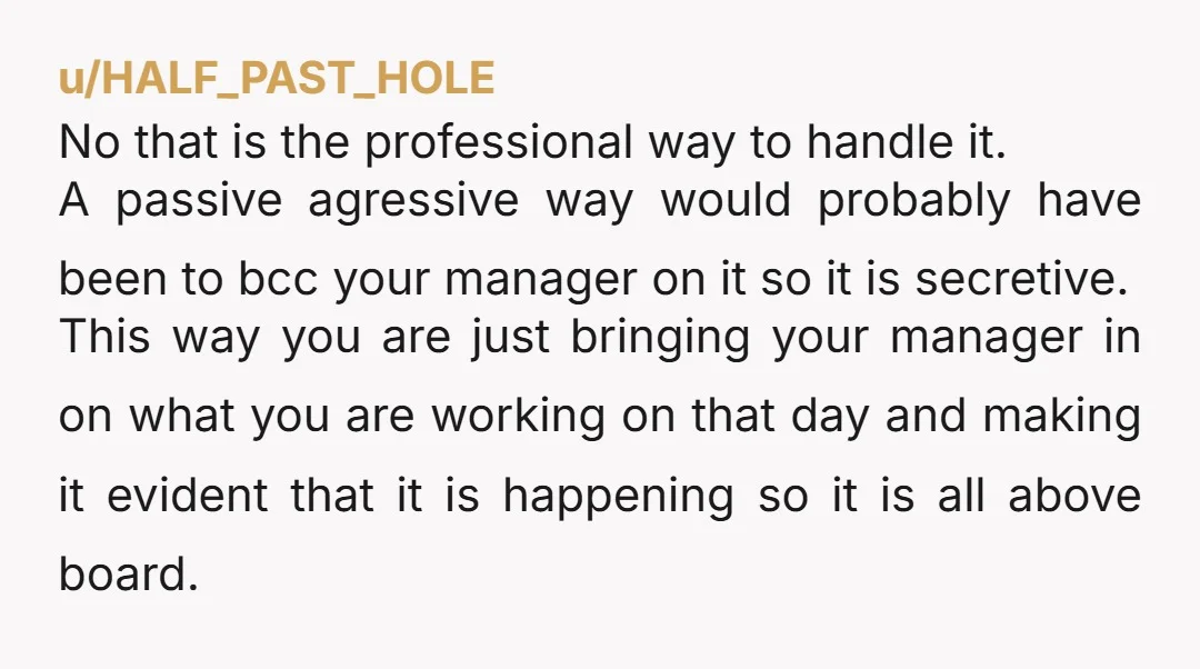 u/HALF_PAST_HOLE No that is the professional way to handle it. A passive agressive way would probably have been to bcc your manager on it so it is secretive. This way...