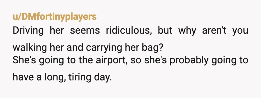 u/DMfortinyplayers
Driving her seems ridiculous, but why aren't you walking her and carrying her bag?
She's going to the airport, so she's probably going to have a long, tiring day.