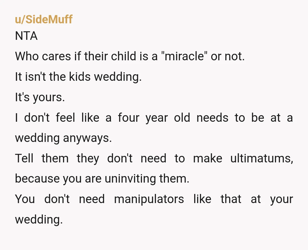 u/niveusss As someone who is going through insanely similar experience with my fiancé's brother, I know the feeling. Stick to your guns. It's your day. If they want to avoid...