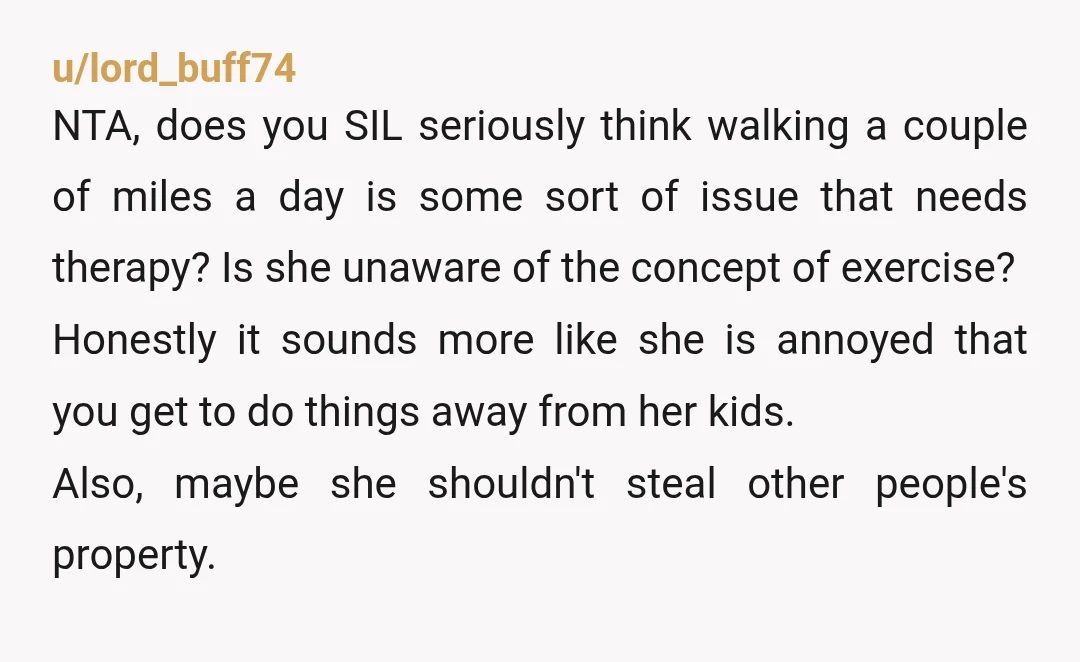 u/Dangerous_Cow_7372 NTA you were doing her a very generous favor and she essentially stole your property. It is so weird she is obsessed about your walks. She should be able...
