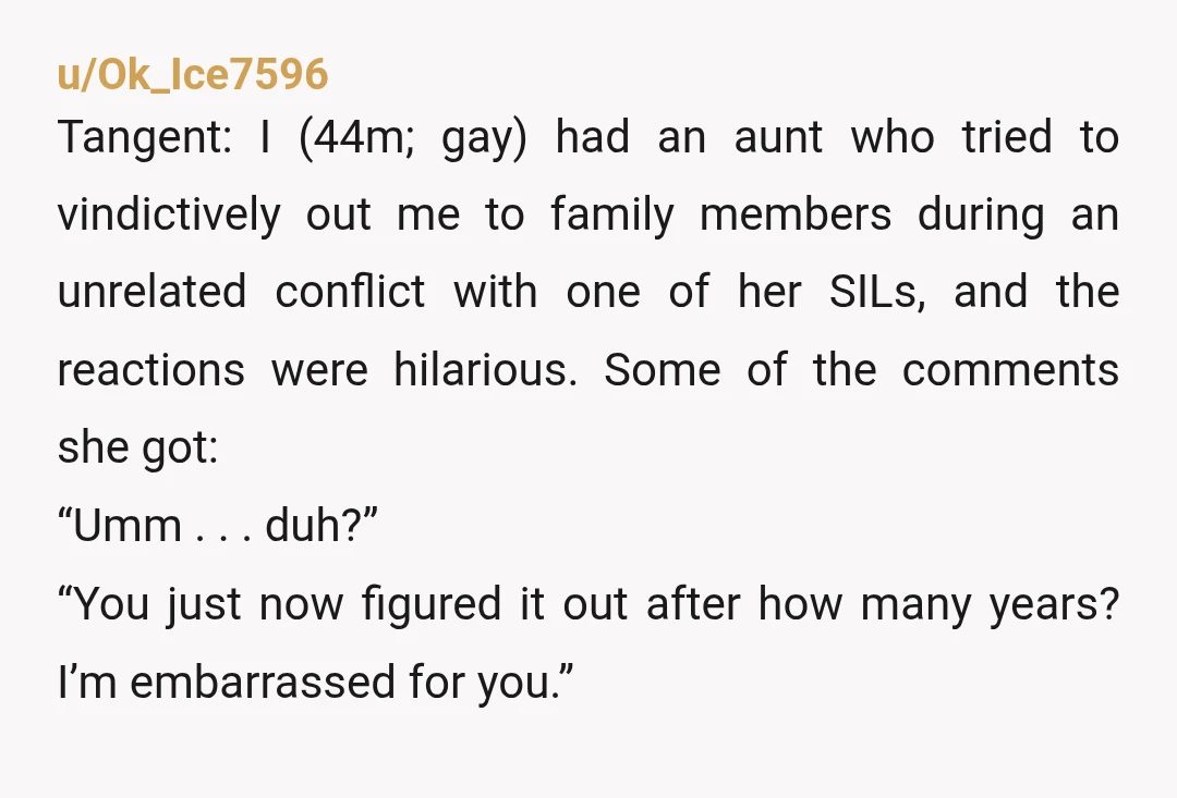 u/Ok_Ice7596 Tangent: I (44m; gay) had an aunt who tried to vindictively out me to family members during an unrelated conflict with one of her SILs, and the reactions were...