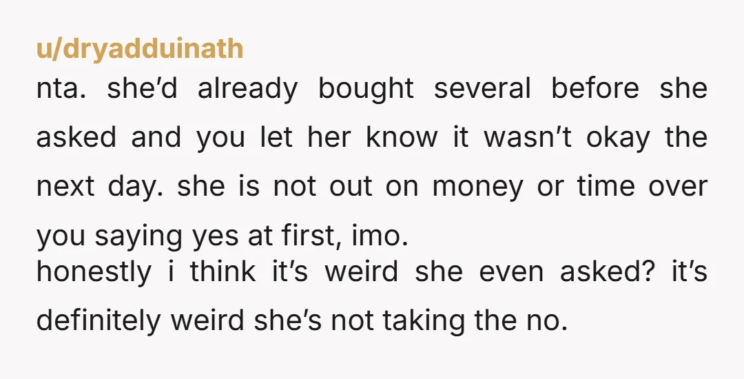 u/dryadduinath nta. she’d already bought several before she asked and you let her know it wasn’t okay the next day. she is not out on money or time over you...