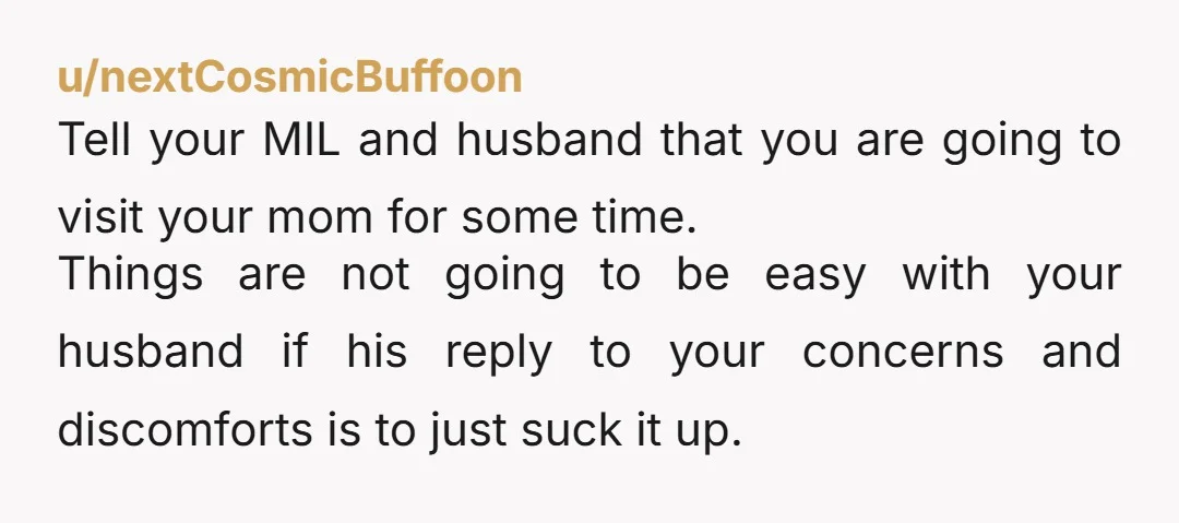 u/nextCosmicBuffoon Tell your MIL and husband that you are going to visit your mom for some time. Things are not going to be easy with your husband if his reply...