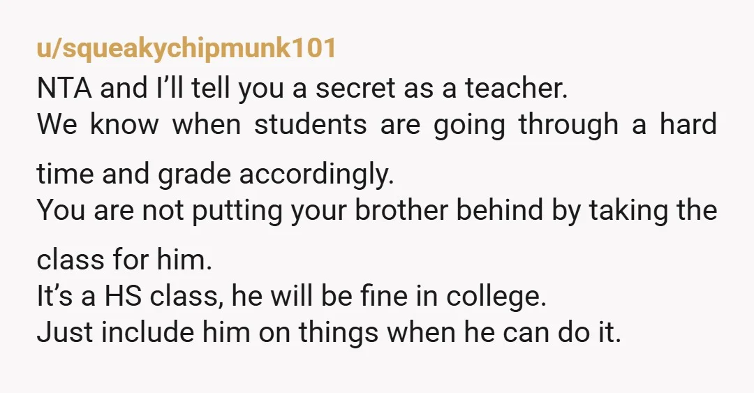 u/squeakychipmunk101 NTA and I’ll tell you a secret as a teacher. We know when students are going through a hard time and grade accordingly. You are not putting your brother...