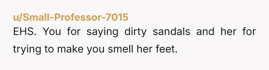 u/hollowsbest esh. you both sound deeply immature. you for insulting her shoes, and her for demanding you smell them. ridiculous argument. though it does make me wonder what else you...