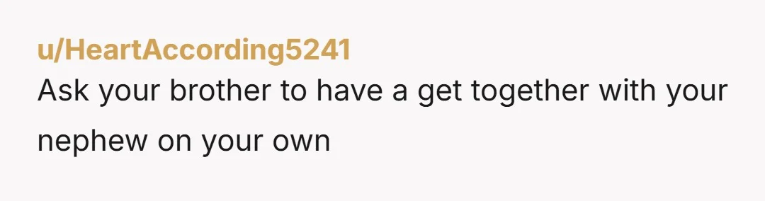 u/HeartAccording5241
Ask your brother to have a get together with your nephew on your own