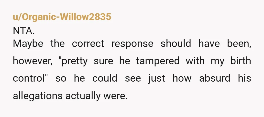 u/Organic-Willow2835 NTA. Maybe the correct response should have been, however, "pretty sure he tampered with my birth control" so he could see just how absurd his allegations actually were.