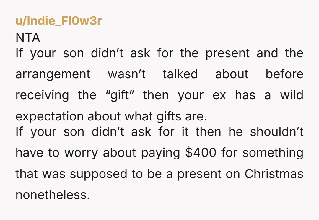 u/Indie_Fl0w3r NTA If your son didn’t ask for the present and the arrangement wasn’t talked about before receiving the “gift” then your ex has a wild expectation about what gifts...