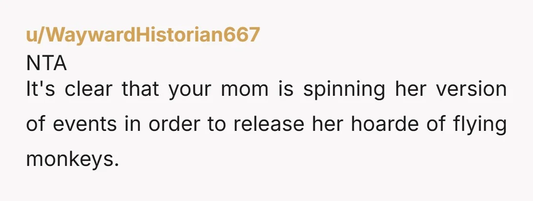 u/WaywardHistorian667
NTA
It's clear that your mom is spinning her version of events in order to release her hoarde of flying monkeys.