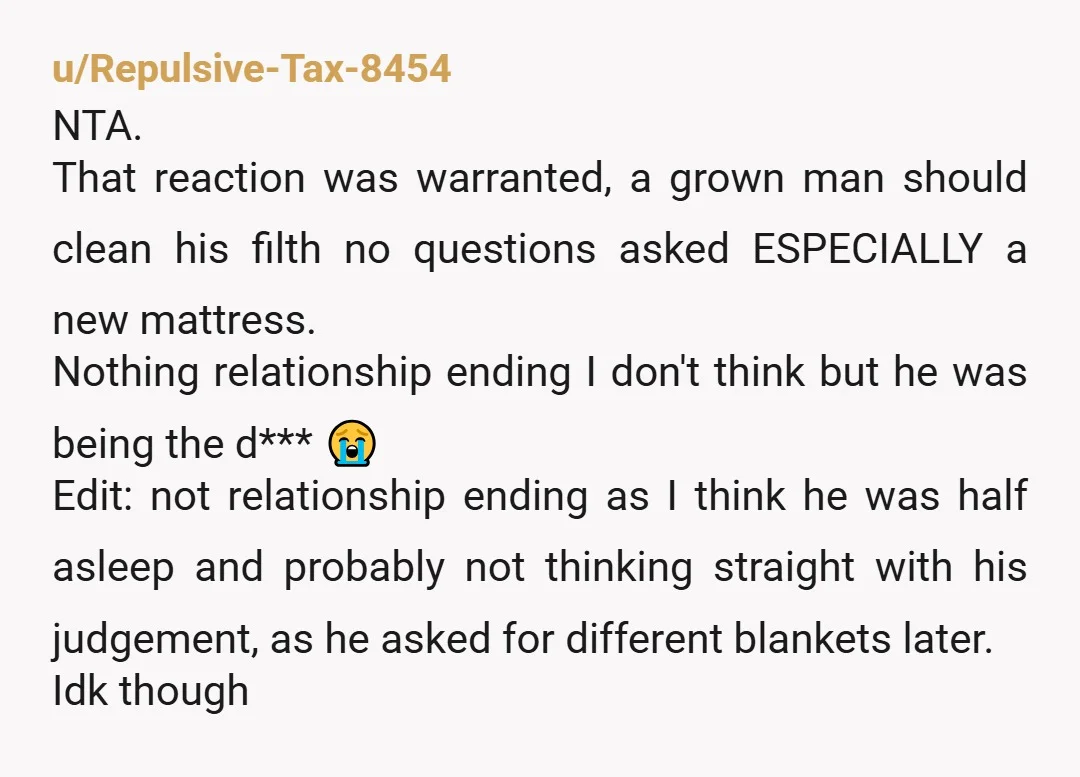u/Repulsive-Tax-8454 NTA. That reaction was warranted, a grown man should clean his filth no questions asked ESPECIALLY a new mattress. Nothing relationship ending I don't think but he was being...
