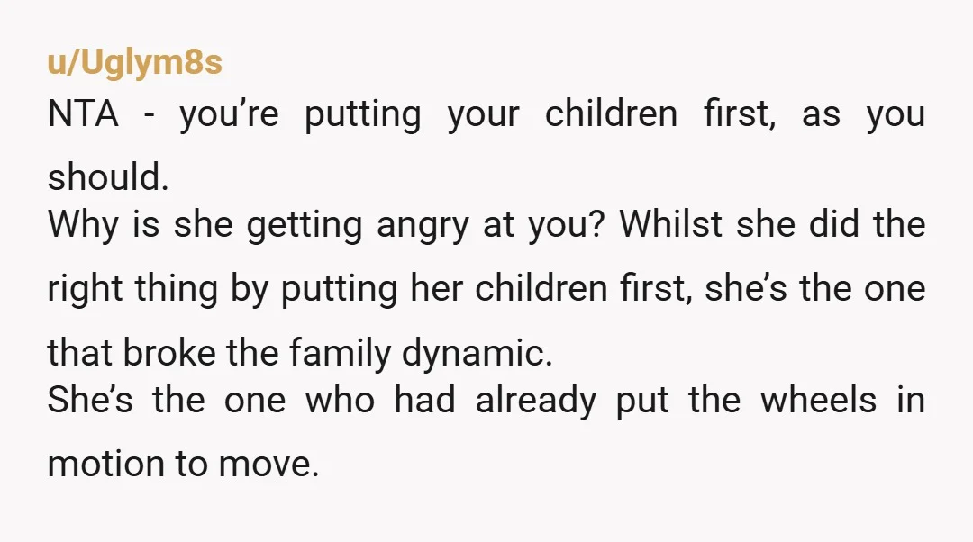u/Uglym8s NTA - you’re putting your children first, as you should. Why is she getting angry at you? Whilst she did the right thing by putting her children first, she’s...
