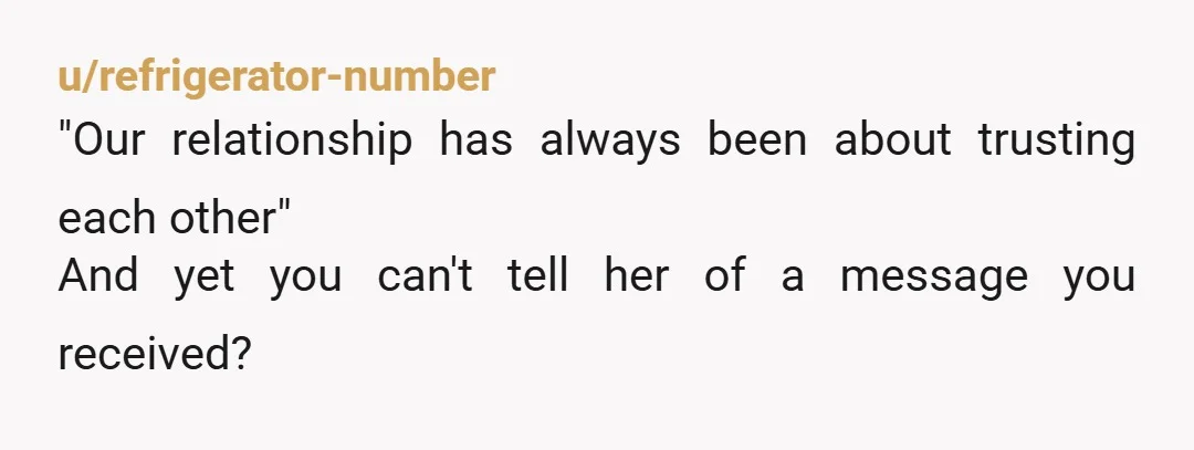 u/refrigerator-number
"Our relationship has always been about trusting each other"
And yet you can't tell her of a message you received?