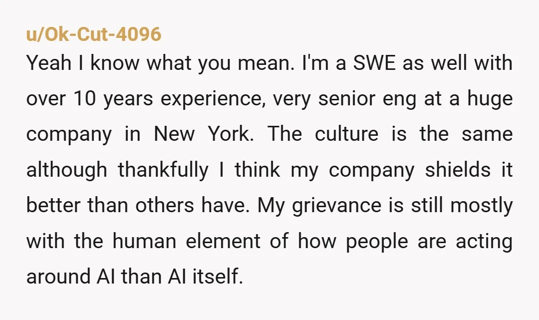 u/Ok-Cut-4096 Yeah I know what you mean. I'm a SWE as well with over 10 years experience, very senior eng at a huge company in New York. The culture is...